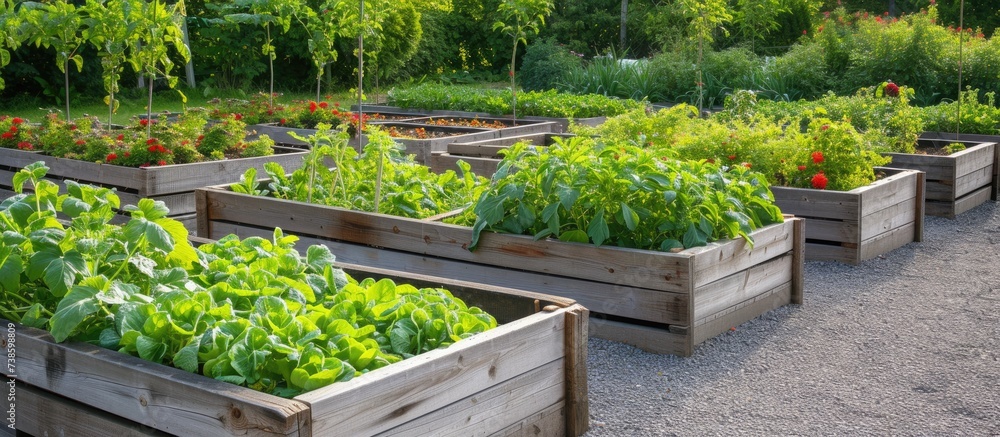 Raised vegetable garden beds in a community garden offering gardening lessons for children.