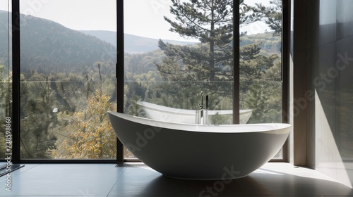 Modern Bathroom with Freestanding Bathtub and Abundant Natural Light AI Generated. © ArquitecAi