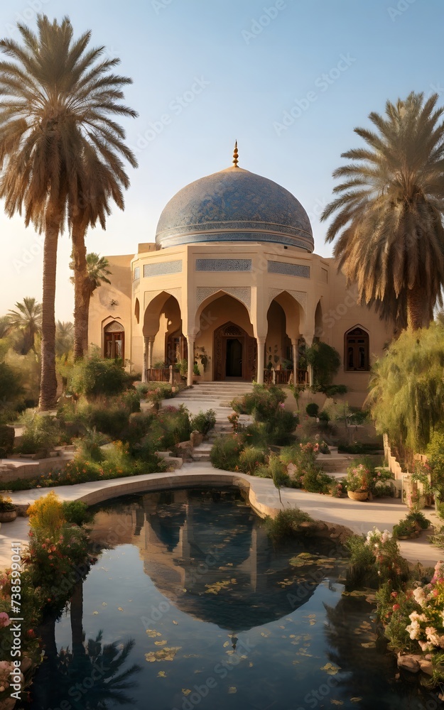 Obraz premium A Beautiful islamic farmhouse in Iraq. The house has islamic design and islamic engraving. it has a big garden filled with flowers, trees and palms, and it has small lake of fishes ,golden hour