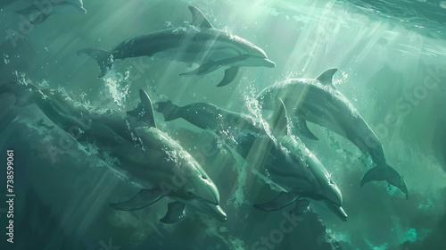 Flock of dolphins swims underwater © Daniel