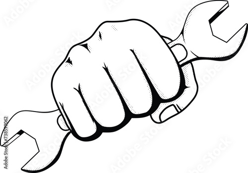 Hand holding wrench tools vector illustration. Fist with wrench for logo, label, emblem, sign, badge. 