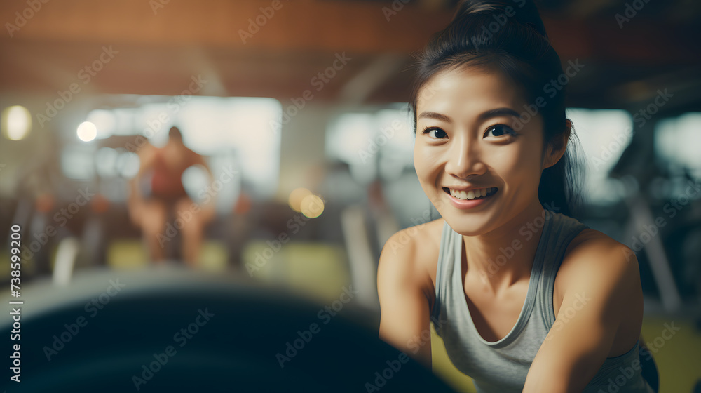  Young Asian Woman Using Ab Wheel on Yoga Mat.