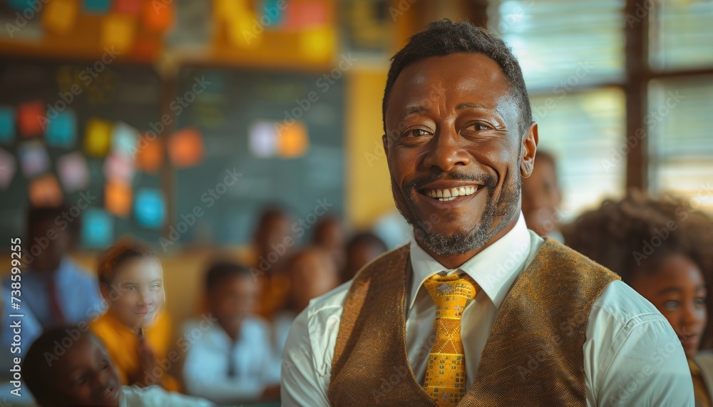A middle-aged teacher in a school classroom teaching students. American style of teaching. Friendly atmosphere A middle-aged teacher in a school classroom teaching students. American style of teaching. Friendly atmosphere