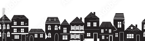 Seamless border urban tiny black houses isolated on white background. Minimalist town, residential city houses landscape vector illustration. Backdrop for wallpaper, textile, fabric, wrapping.