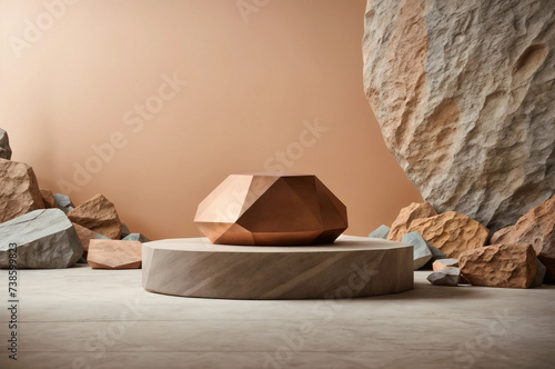  Large rock on a circular platform, surrounded by other rocks on peach background Generative AI