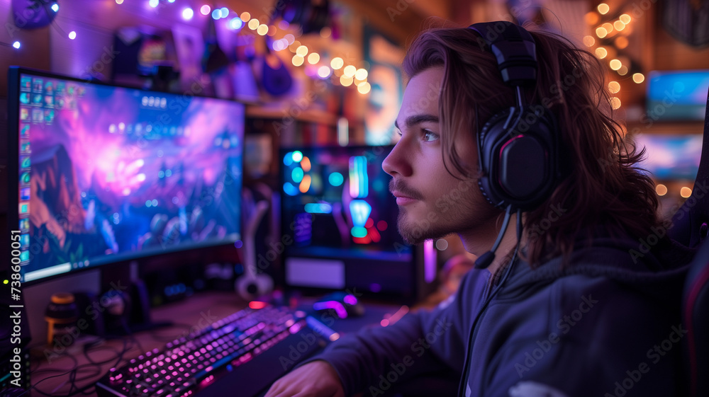 Young Streamer Man In Gaming Room Studio. Pro gamer playing online video games and streaming during tournament. Young Streamer Man In Gaming Room Studio. Pro gamer playing online video games and streaming during tournament.