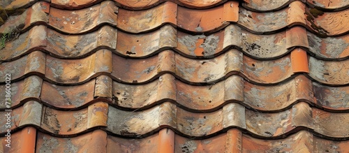 Section of a rooftop adorned with aged clay tiles.