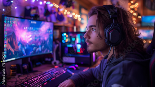 Young Streamer Man In Gaming Room Studio. Pro gamer playing online video games and streaming during tournament.