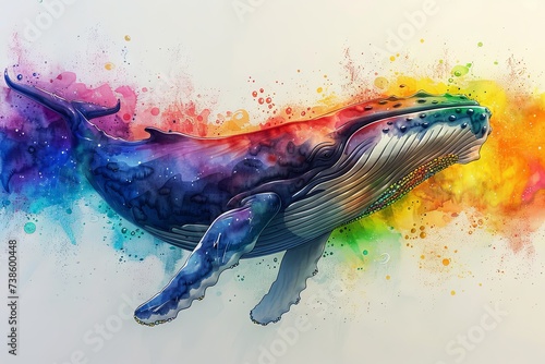 rainbow body humpback whale blowing a rainbow, illustration photo