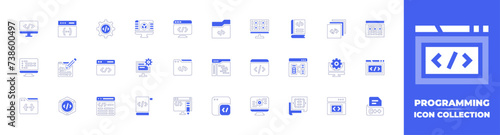 Programming icon collection. Duotone style line stroke and bold. Vector illustration. Containing coding, binary code, monitor, programming, layers, code, computer, edit code, browser, 3d programming.