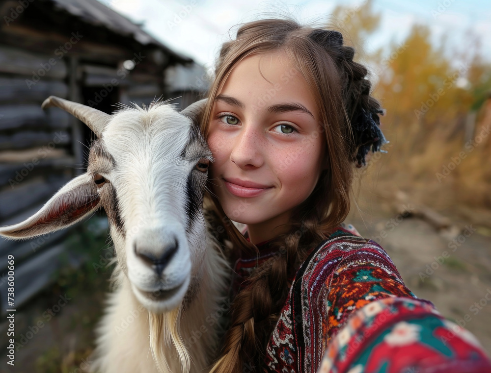 Girl with goat selfie Ecotourism, zoo, farm, safary. Animal friends. Girl with goat selfie Ecotourism, zoo, farm, safary. Animal friends.