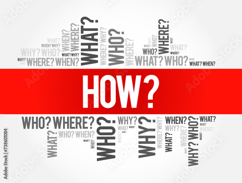 HOW? Question word and questions whose answers are considered basic in information gathering or problem solving, word cloud background