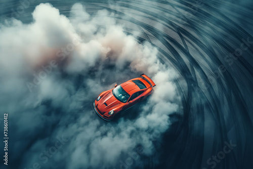 Orange Sports Car Performing a Smoky Donut on an Asphalt Surface, Captured From Above