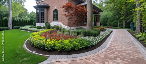 Brick landscaping project featuring dual color design and surrounding gardens.