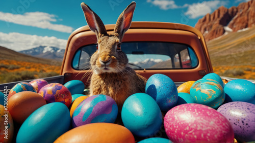 A cute bunny sits in the boot of a pickup truck filled with Easter eggs