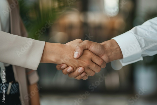 close-up shot capturing the moment of handshake between two business professionals, with focus on their firm grip and confident smiles, minimalistic style,