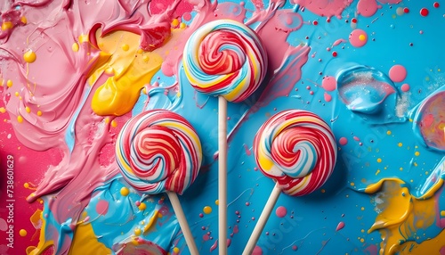 three swirling colorful candy lollipops pink blue