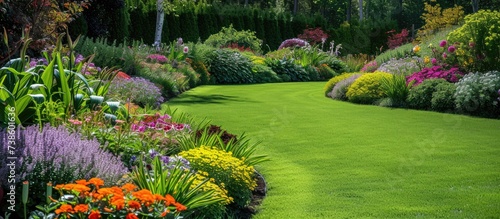 A well-maintained garden with vibrant summer flowers and a lush lawn.