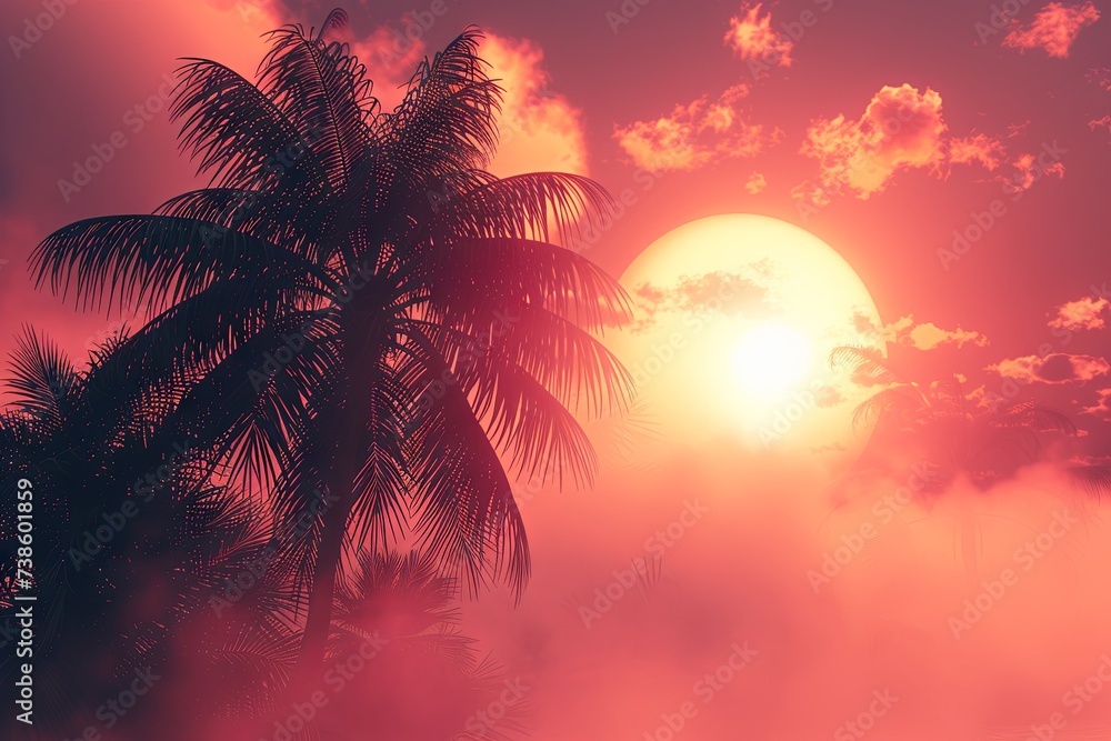 tropical beach vibrant,psychedelic landscape with neon-colored palm trees and a glowing sunset, Funky seventies style