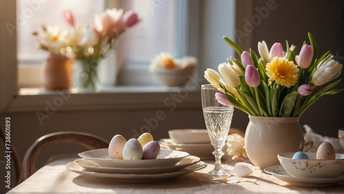 Served for Easter table with delicate spring flowers and colorful eggs