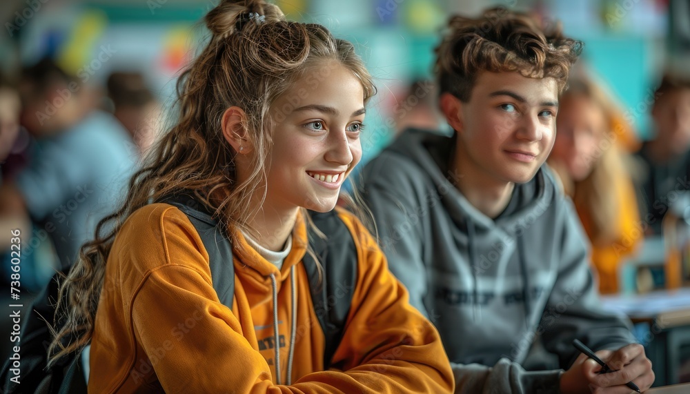 Students in a high school classroom socialize with each other. Modern education Students in a high school classroom socialize with each other. Modern education
