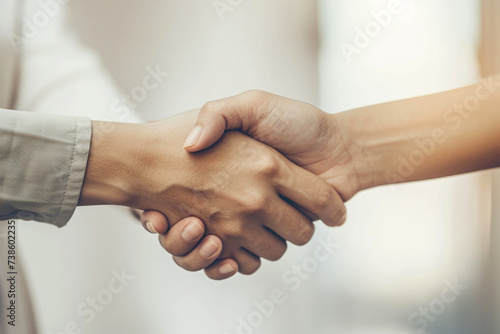A close-up shot of a handshake exchanged between a bank or insurance agent and a client, symbolizing trust and partnership, against a minimalist office backdrop, minimalistic style
