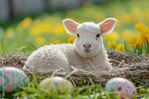 Lovely lamb surrounded by vibrant blossoms, portraying the essence of Easter and the beauty of springtime