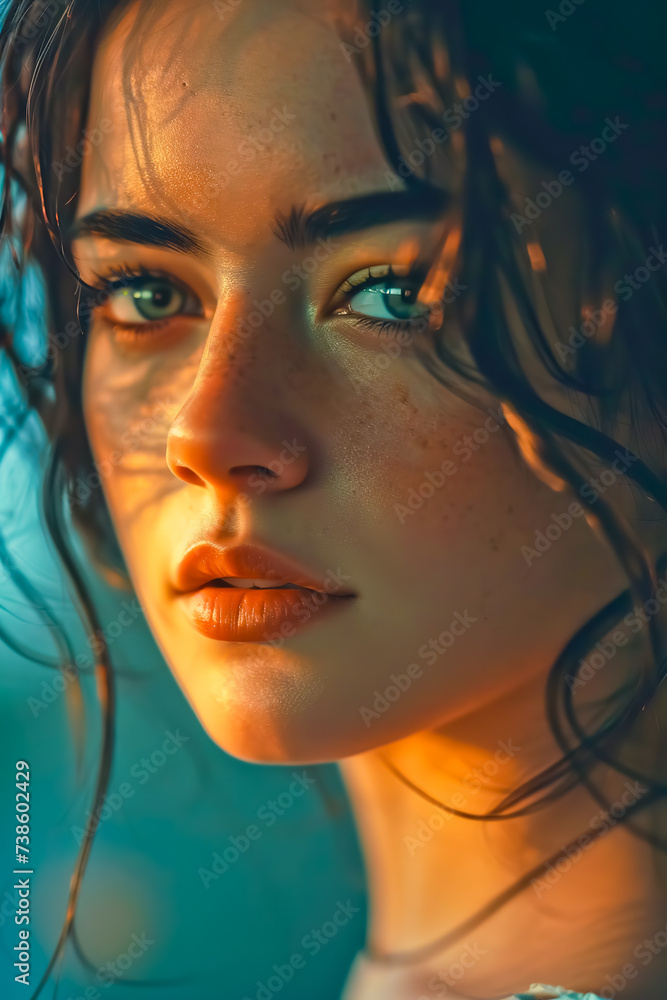 Portrait of lovely young woman in a dark hair, distinct facial features. Portrait of lovely young woman in a dark hair, distinct facial features.