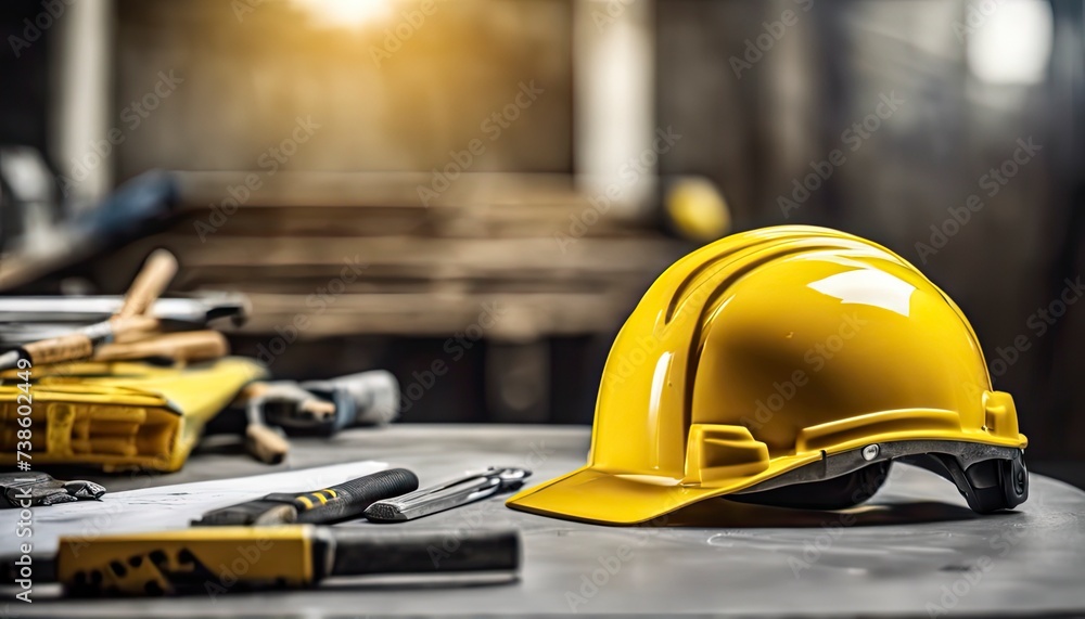 engineer yellow helmet on the table, construction equipments on the table, building helmet background