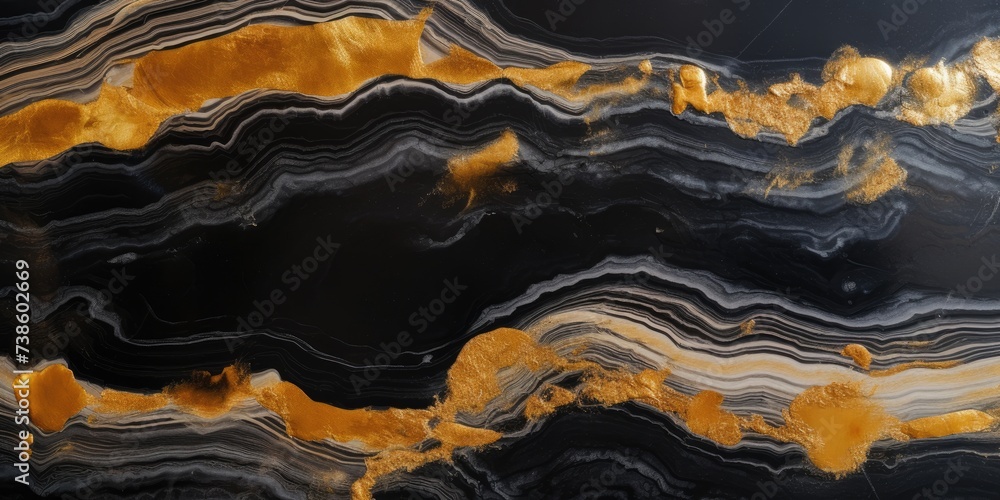 Black agate marble with golden veins, striped quartz background used for home decor tiles.