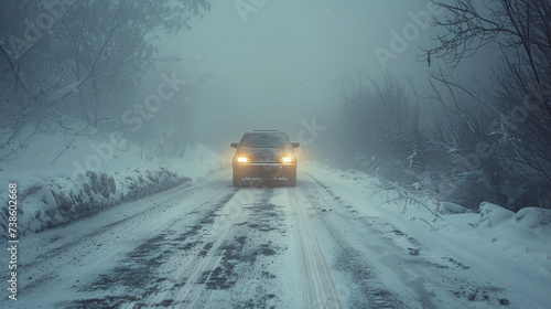 Fog on a dangerous winter slippery road