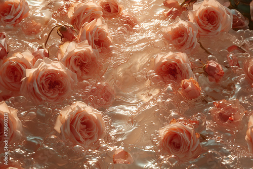roses and petals in water, water droplets and waves background
