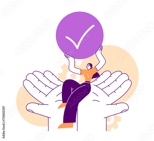 Woman is holding a checkmark in her hands. Verified, validated, reliable