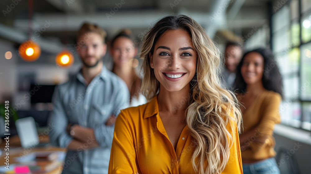 Dynamic business team in action, collaborating in a modern office, embodying leadership and teamwork. Dynamic business team in action, collaborating in a modern office, embodying leadership and teamwork.