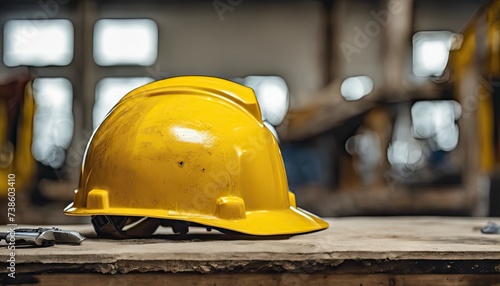 engineer yellow helmet on the table, construction equipments on the table, building helmet background photo