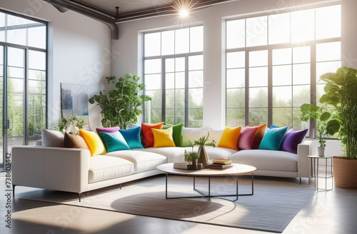 airy and spacious living room or lounge, big windows, fresh plants, stylish design