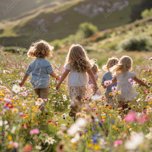 Joyful children chasing each other through a vibrant flower field, embodying freedom and playful spirits.