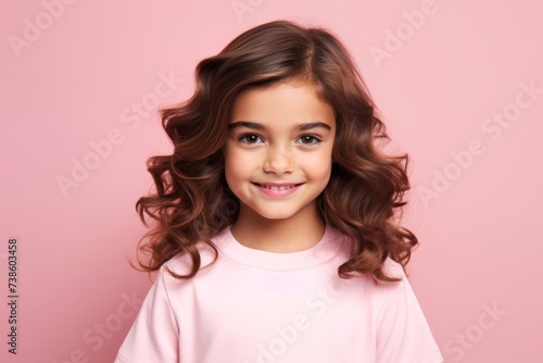 Portrait of a cute little girl with long curly hair on a pink background