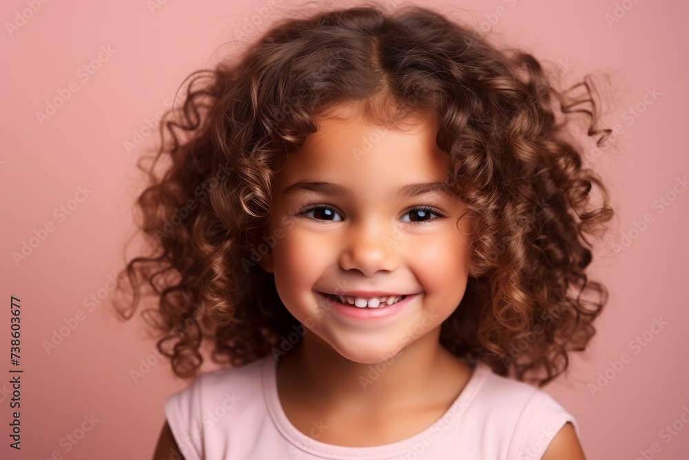 Portrait of a cute little girl with curly hair over pink background. Portrait of a cute little girl with curly hair over pink background.
