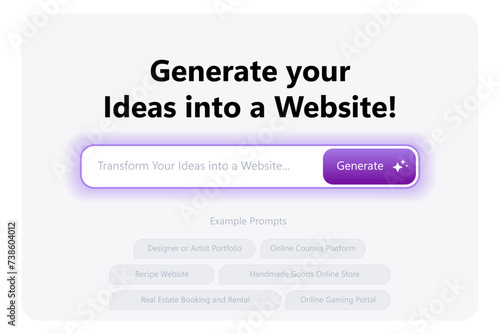 AI generation tool interface. Artificial intelligence UI site. Prompt artificial intelligence query input interaction with the language model to generate ideas for website. Vector illustration