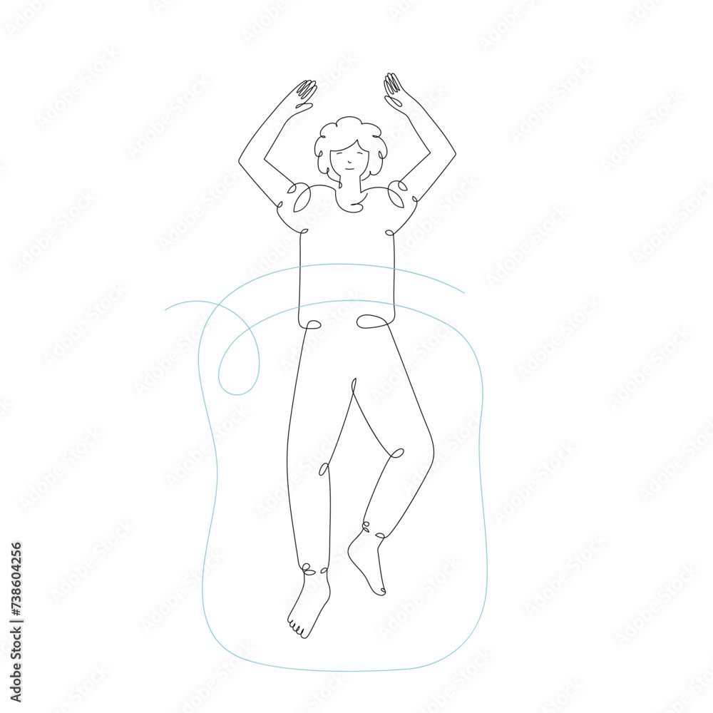 Sleeping boy with blanket, top view, isolated line art illustration