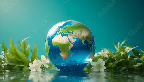 Earth Day concept illustration Earth globe with beautiful nature clean water and blooming plant