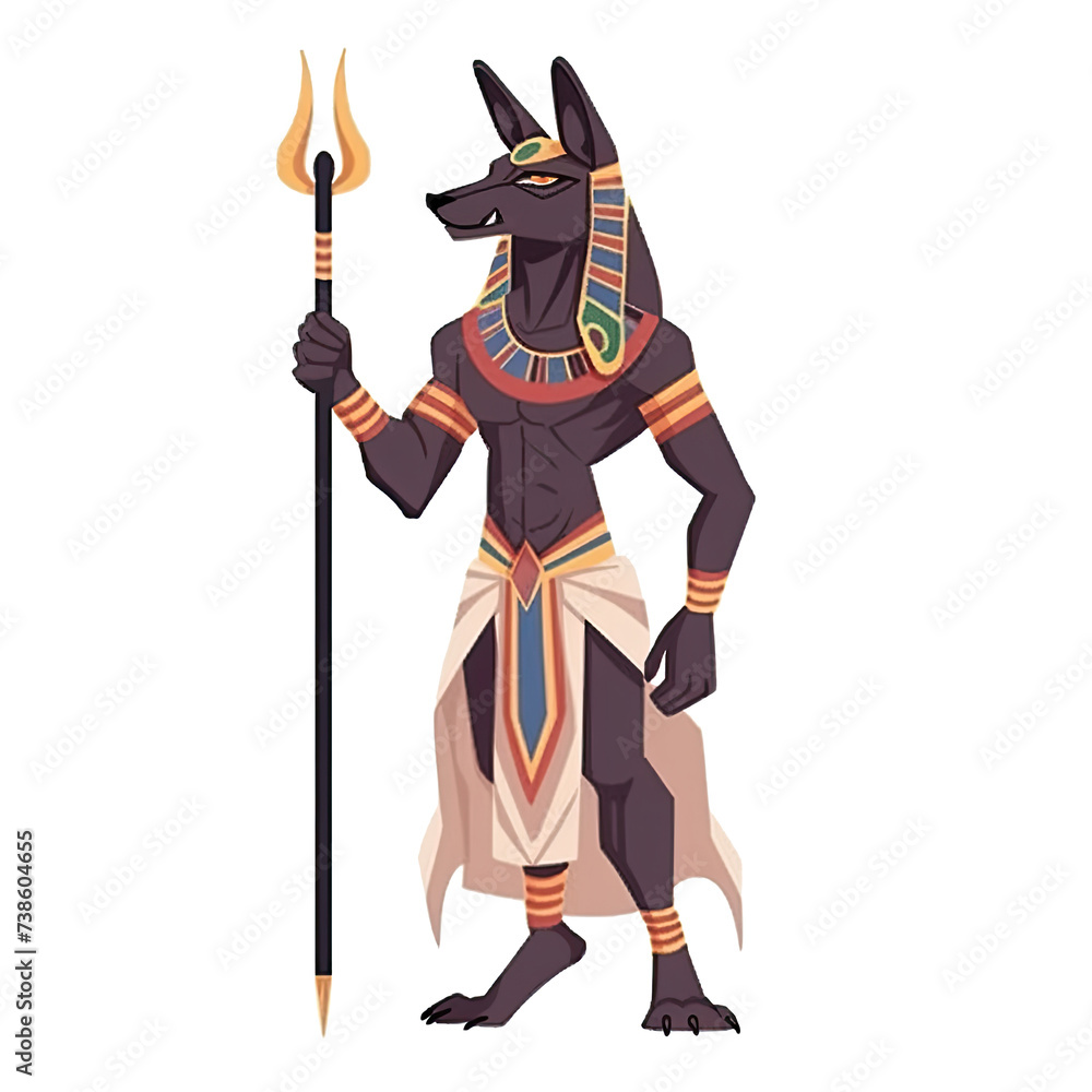 Fototapeta premium An illustration of black Anubis, holding a staff, seen from the side