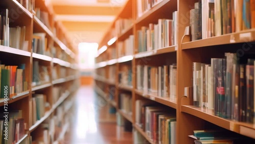 blurred empty college library interior space with bookshelves. background for book shop business or education