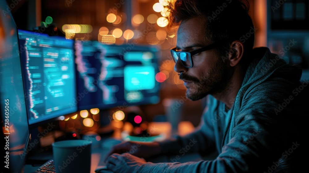 Intimate Nighttime View of a Software Developer at Work. Intimate Nighttime View of a Software Developer at Work.
