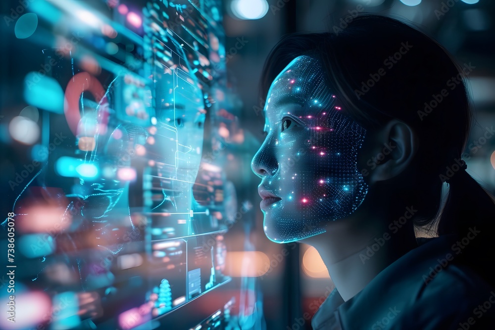 woman looking at futuristic computer screen data artificial intelligence facial recognition password program hologram woman looking at futuristic computer screen data artificial intelligence facial recognition password program hologram