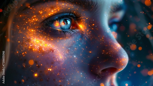 Cosmic Beauty: Woman's Face Illuminated by Stars and Nebulae. Generative ai