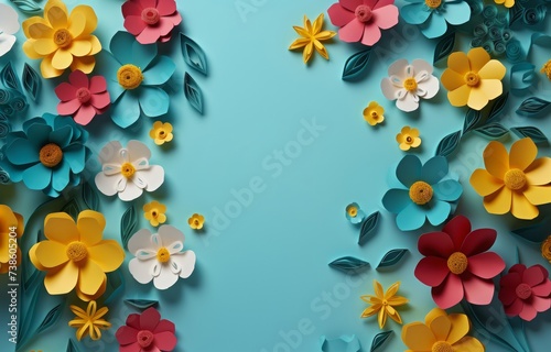 greeting cards for spring with colorful flowers. spring greeting with spring flowers on blue background © Sabina Gahramanova
