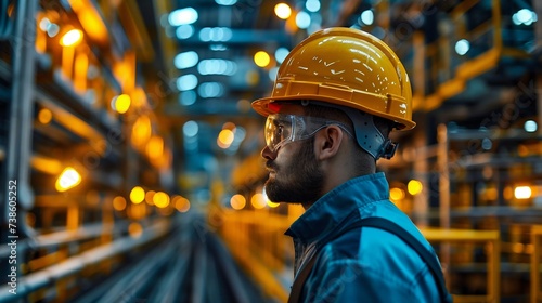 Industrial Worker in Hard Hat at a Manufacturing Plant. Generative ai