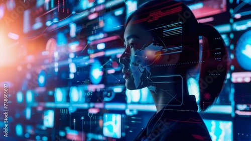 Futuristic Interface and Woman with Digital Face Recognition. Generative ai photo
